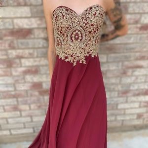 Maroon and gold prom dress